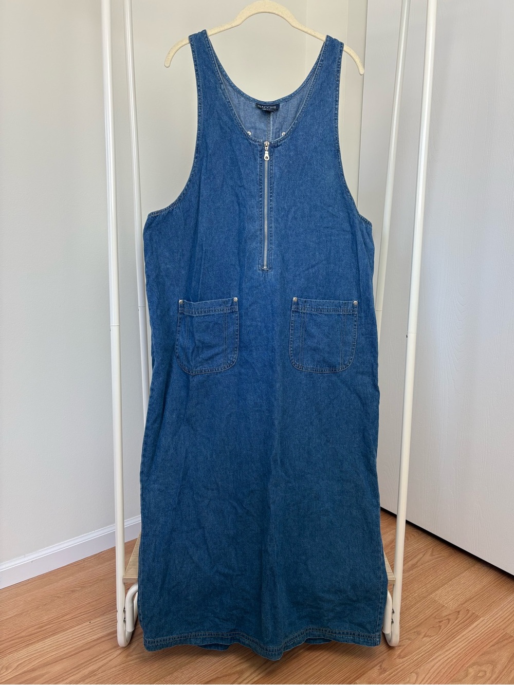 Baccini Blue Denim Pinafore Midi Dress with Front Zip